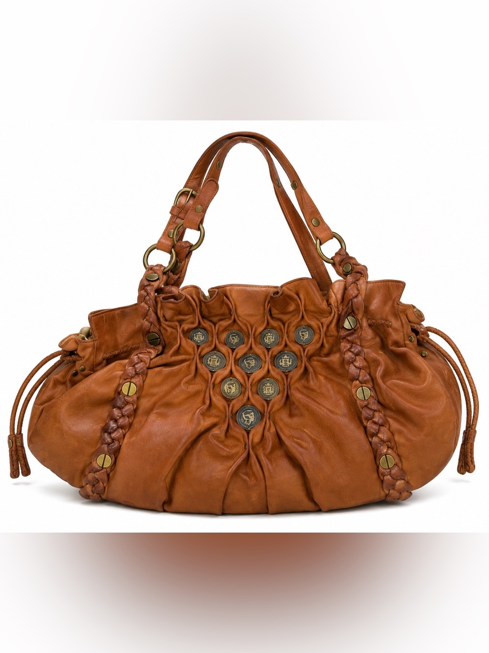 Vintage Cole Haan G Series Leather Metal Coin Handbag Satchel Hobo Tan Boho